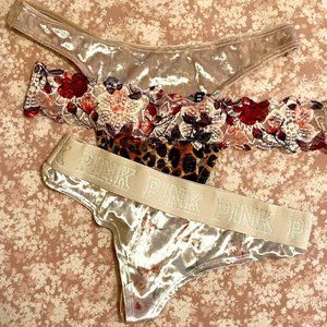 NWOT PINK 3-Peice Thong Set, Soft Velvet Fabric/Lace , Floral/Patterned, US XS
